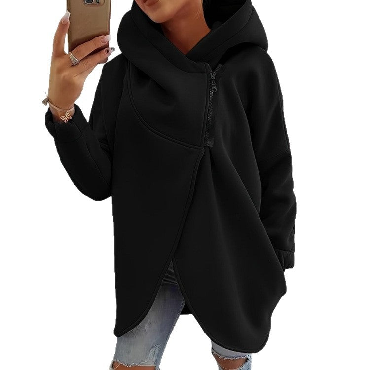 Hooded Sports Plus Velvet Tunic Casual Long-Sleeved Zipper Coat Women's Plus-Size Solid Color Coat