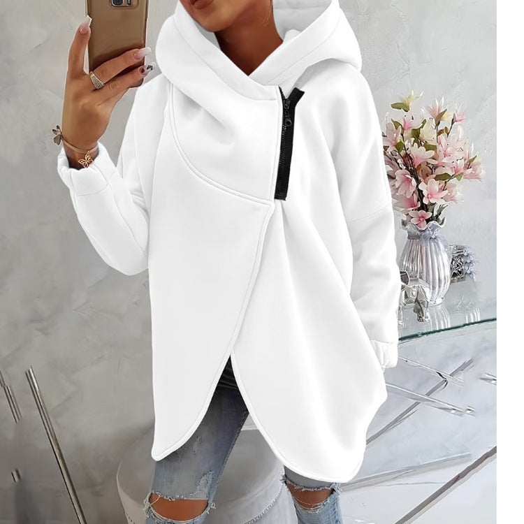 Hooded Sports Plus Velvet Tunic Casual Long-Sleeved Zipper Coat Women's Plus-Size Solid Color Coat