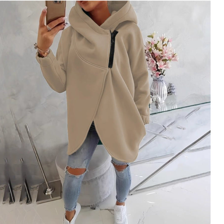 Hooded Sports Plus Velvet Tunic Casual Long-Sleeved Zipper Coat Women's Plus-Size Solid Color Coat